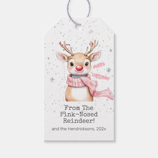 Pink Reindeer Christmas Presentetikett (Framsidan)