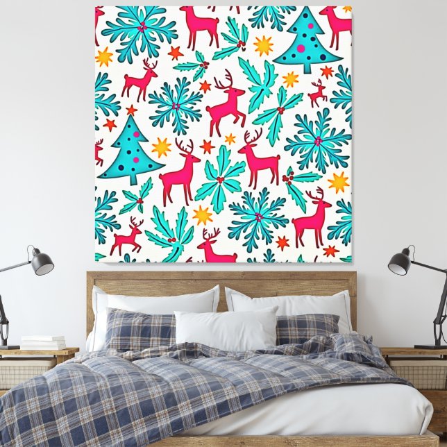 Pink Reindeer Teal Tree Pattern Design Canvastryck (Insitu (sovrum))