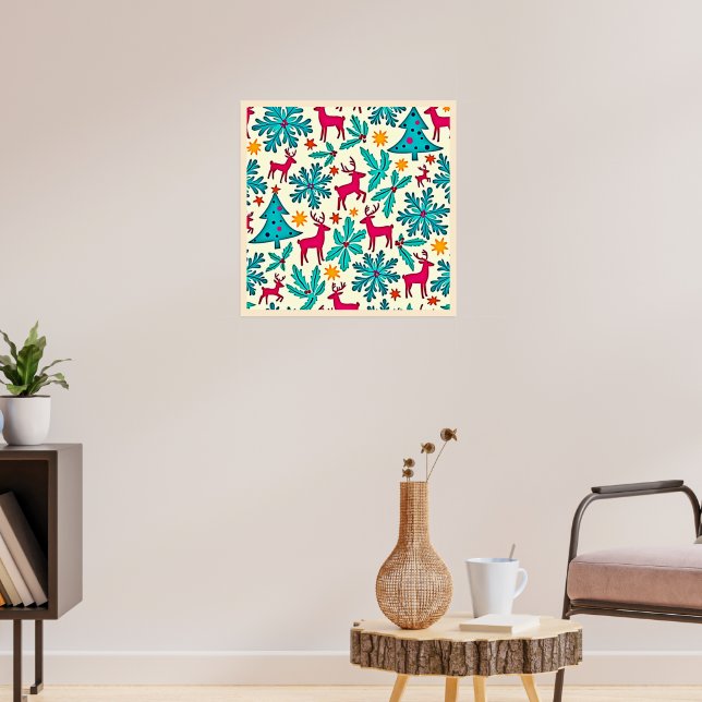 Pink Reindeer Teal Tree Pattern Design Poster (Vardagsrum 3)
