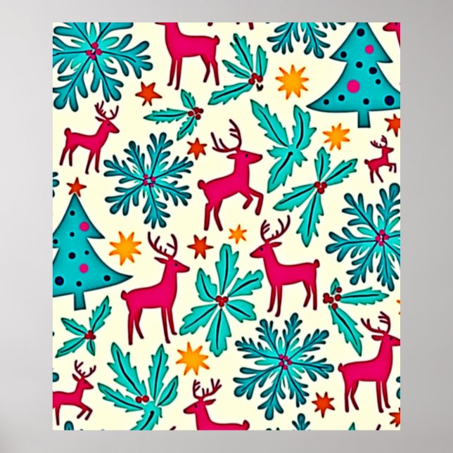 Pink Reindeer Teal Tree Pattern Design Poster (Framsidan)