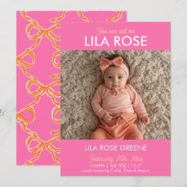 Pink Retro Bow Photo Birth Announcement Card Inbjudningar