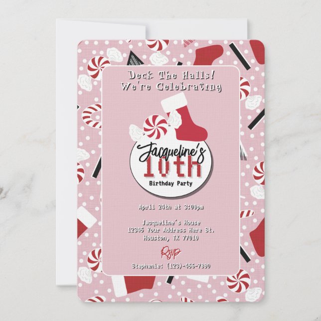 Pink Retro Christmas Peppermint Birthday Inbjudningar (Framsida)