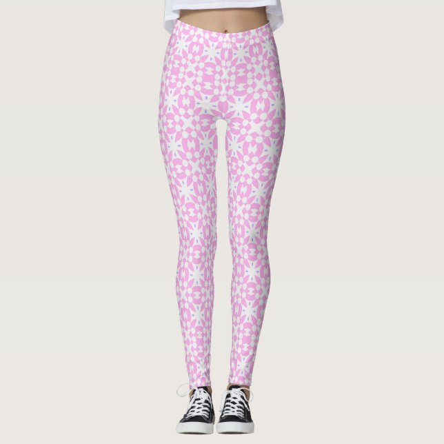 Pink Retro Daisy Pattern Leggings (Framsida)
