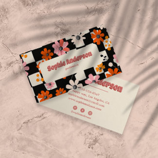 Pink Retro Floral Checkered Business Card Visitkort