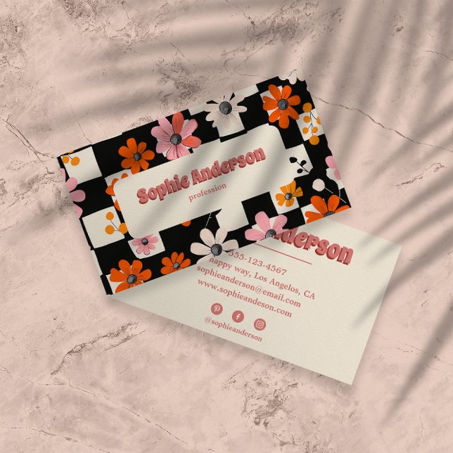 Pink Retro Floral Checkered Business Card Visitkort (Skapare uppladdad)