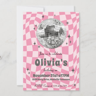 Pink Retro Groovy Coquette Disco Ball Birthday Inbjudningar