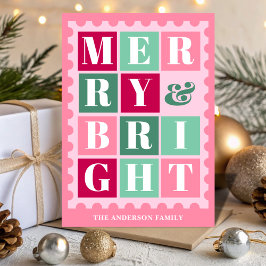 Pink Retro Merry & Bright Christmas Postage Stamp Helgkort