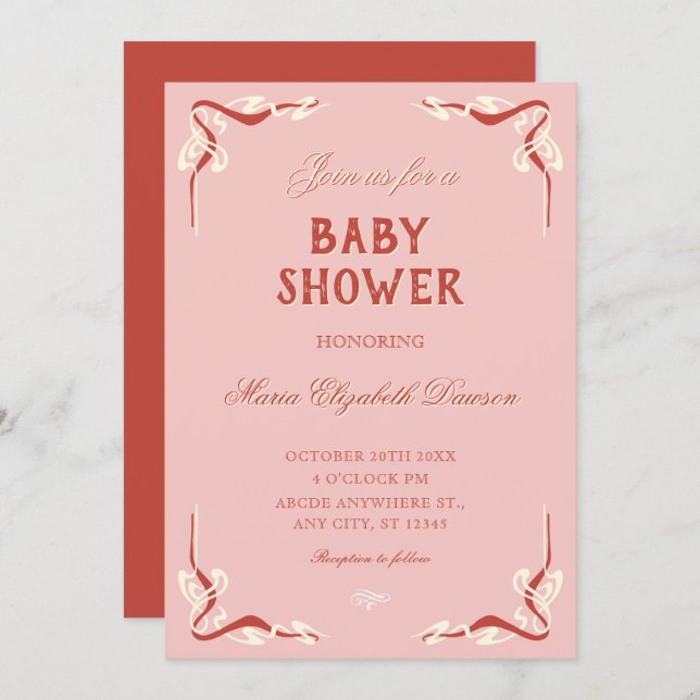 Pink retro vintage baby shower inbjudningar (Fram/baksida)