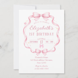 Pink Ribbon Bow Coquette First Birthday Invitation Inbjudningar