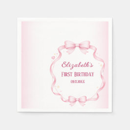 Pink Ribbon Bow First Birthday Square Sticker Pappersservett