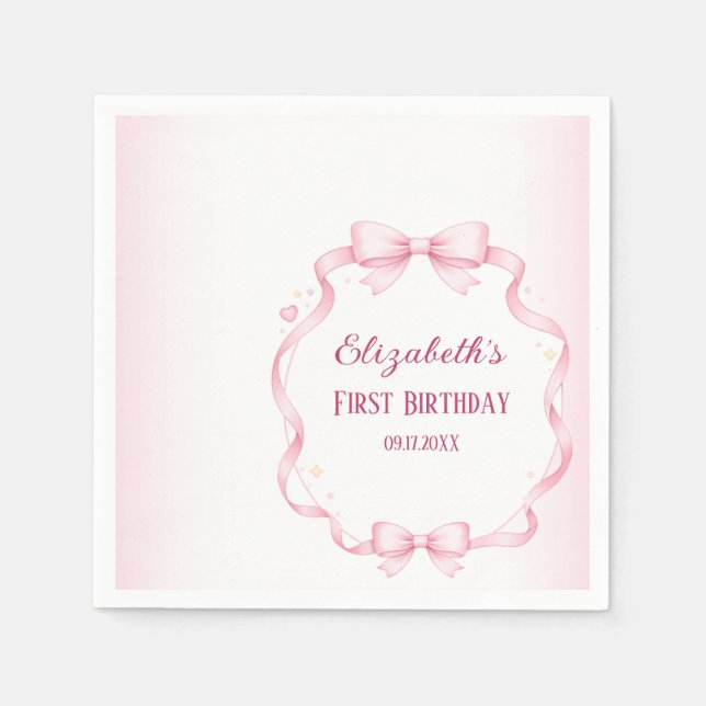 Pink Ribbon Bow First Birthday Square Sticker Pappersservett (Framsidan)