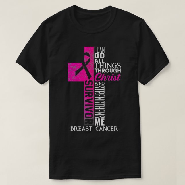 Pink Ribbon Breast Cancer Survivor Christian Cross T Shirt (Design framsida)