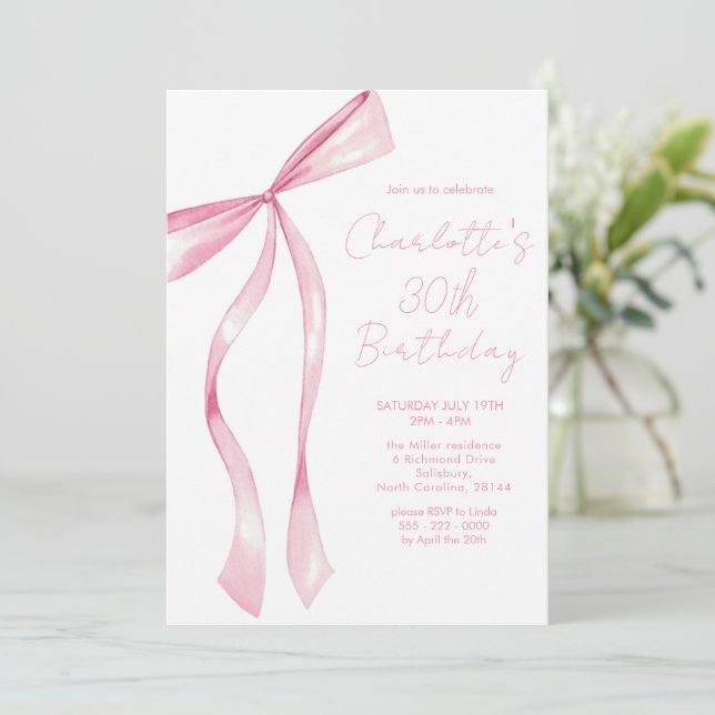 Pink Ribbon Elegant 30th Birthday Invitation Inbjudningar (Stående Fram)