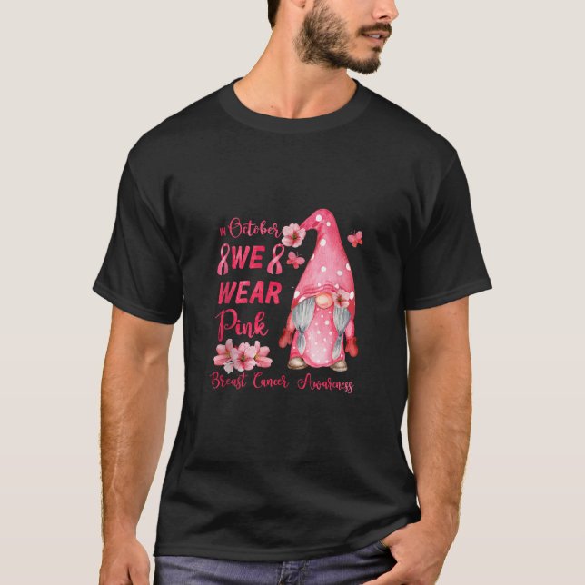 Pink Ribbon Gnome Breast Cancer Awareness Support  T Shirt (Framsida)