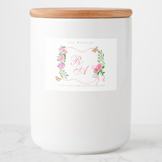 Pink Ribbon Monogram Bröllop  Mat Etiketter (Framsida)