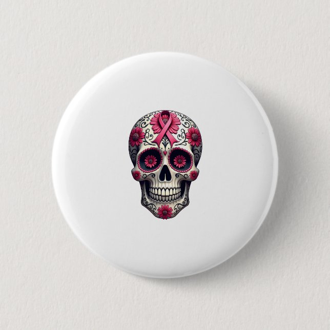 Pink Ribbon Sugar Skull Calavera Breast Cancer Awa Knapp (Framsida)