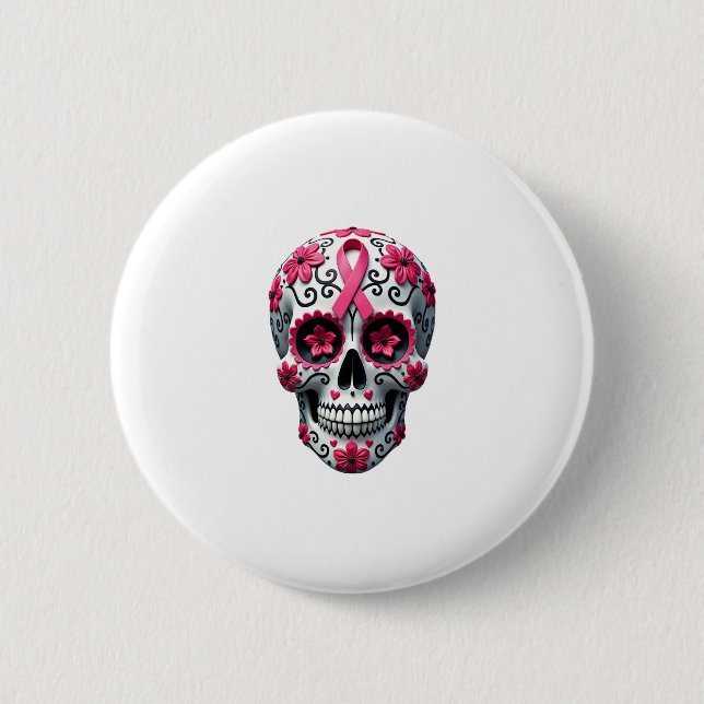 Pink Ribbon Sugar Skull Calavera Breast Cancer Awa Knapp (Framsida)