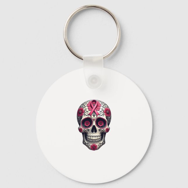 Pink Ribbon Sugar Skull Calavera Breast Cancer Awa Nyckelring (Framsida)