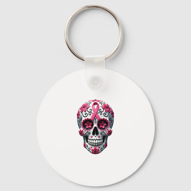 Pink Ribbon Sugar Skull Calavera Breast Cancer Awa Nyckelring (Framsida)