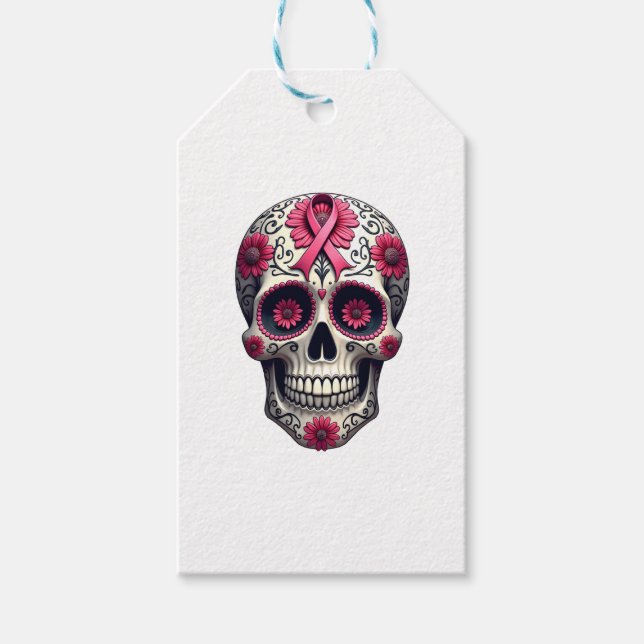 Pink Ribbon Sugar Skull Calavera Breast Cancer Awa Presentetikett (Framsidan)