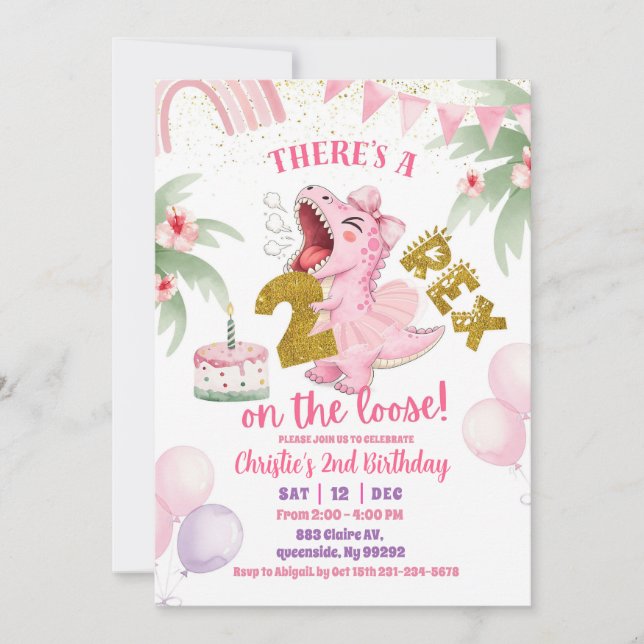 Pink Roaring Dinosaur 2-rex birthday Invitation Inbjudningar (Framsida)