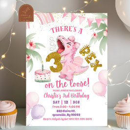 Pink Roaring Dinosaur 3-rex birthday Invitation Inbjudningar
