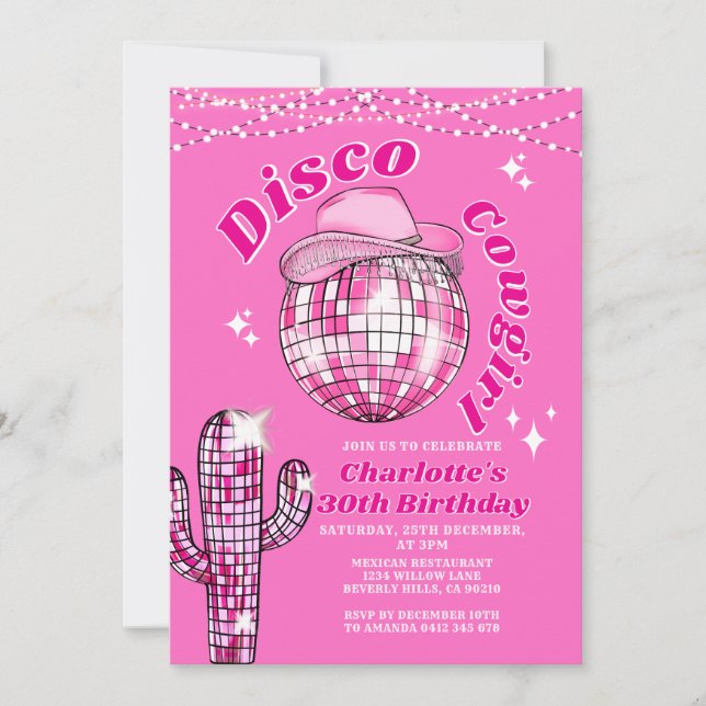 Pink Rodeo Disco Cowgirl Bling Cactus Birthday Inbjudningar (Framsida)