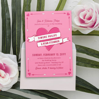 Pink Romantic Heart Arrows & Ribbon Casual Wedding Inbjudningar