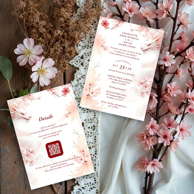 Pink Romantic Sakura & Japanese White Dragon Inbjudningar (Pink Shades Romantic Sakura and Japanese White Dragon Wedding Design Invitation Cards with QR Code.)