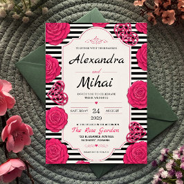 Pink Rose Black and White Stripe Floral Inbjudningar