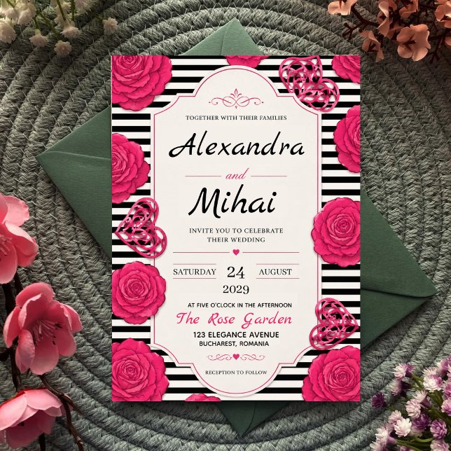 Pink Rose Black and White Stripe Floral  Inbjudningar (Skapare uppladdad)