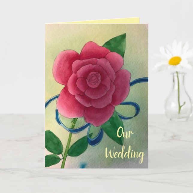 Pink Rose Blue Ribbon Wedding Invitation Cards Kort (Liten växt)