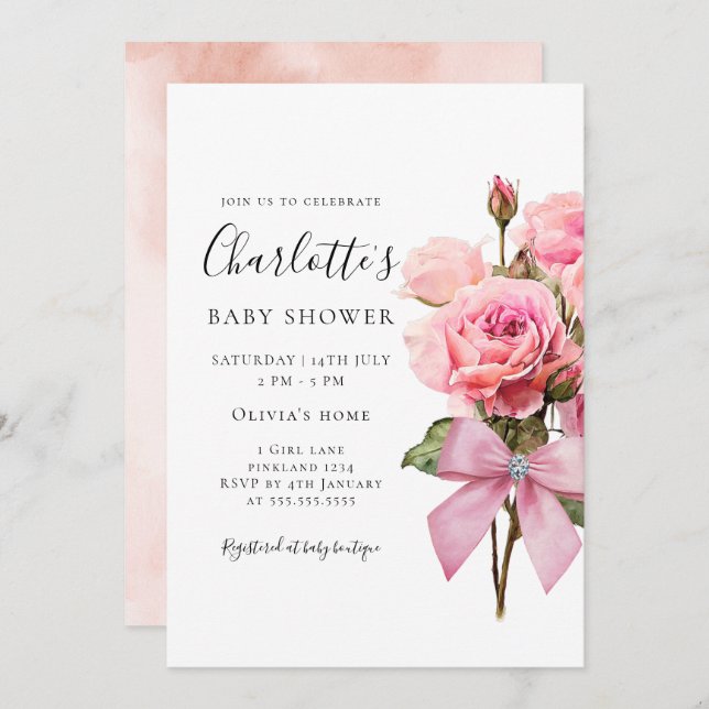 Pink Rose Diamond Bow Girl Baby Shower Invitation Inbjudningar (Fram/baksida)