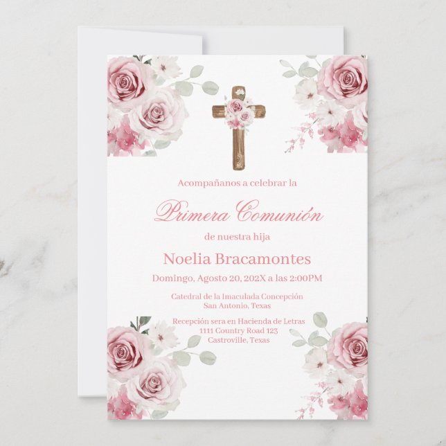 Pink rose first communion invitation in spanish  inbjudningar (Framsida)