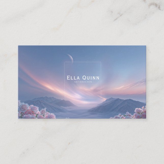 Pink Rose Floral and Celestial Twilight Mountain Visitkort (Framsida)
