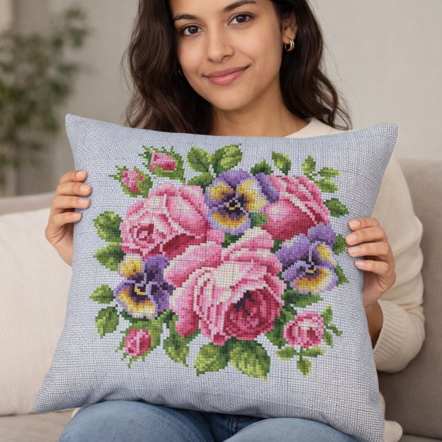 Pink Rose Floral Cross Stitch Throw Pillow Kudde (Skapare uppladdad)