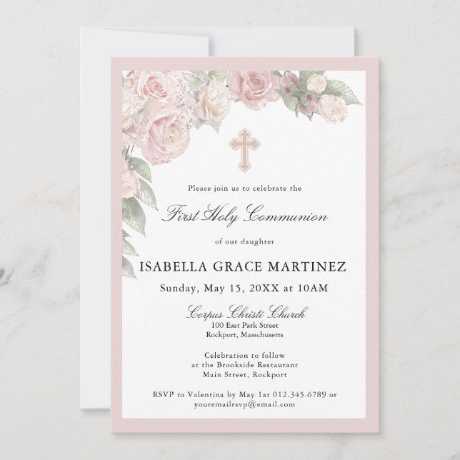 Pink Rose Floral First Communion Invitation Inbjudningar (Framsida)