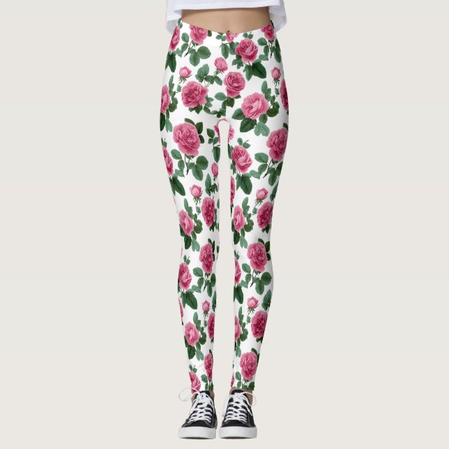 Pink Rose Floral Pattern Leggings (Framsida)