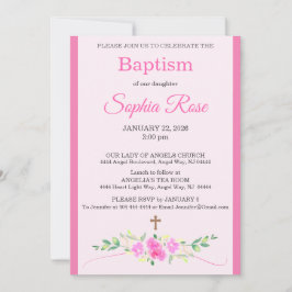 Pink Rose Floral Watercolor Cross Stripe Baptism Inbjudningar