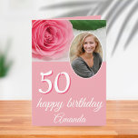 Pink Rose Flower Photo Floral 50th Birthday Card Kort<br><div class="desc">Pink Rose Flower Photo Floral 50th Birthday Card. The card is pink and has a beautiful pink rose and a photo in a round frame on the front and on the backside of the card. The text is in a trendy white script. Add your name, age and photo and message...</div>