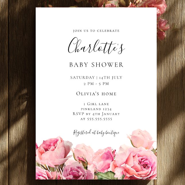 Pink Rose Girl Baby Shower Invitation Inbjudningar (Skapare uppladdad)