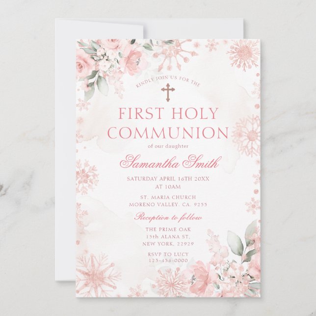 Pink Rose Gold Floral Winter First Holy Communion Inbjudningar (Framsida)