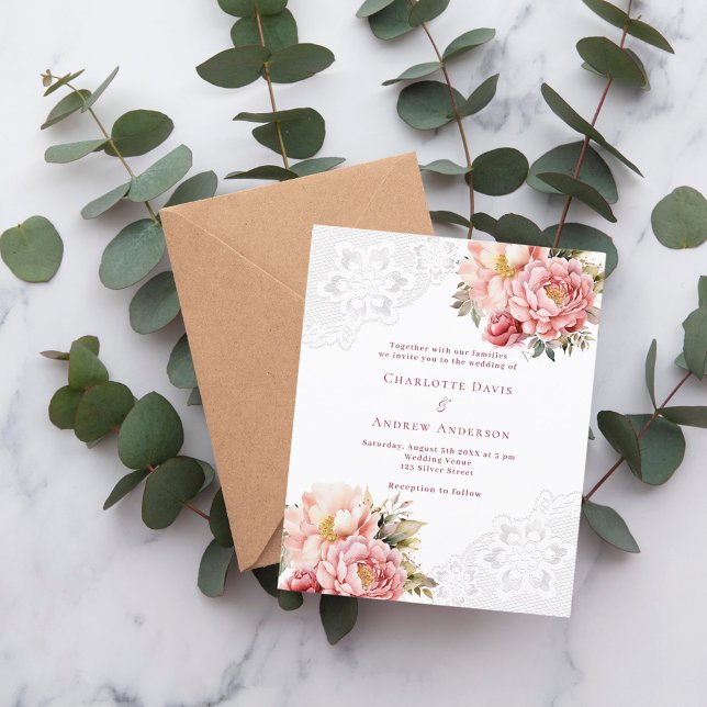 Pink rose gold lace floral wedding invitation (Skapare uppladdad)