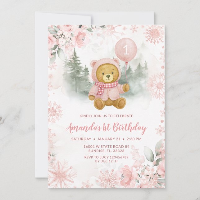 Pink Rose Gold Winter Bear Balloon 1st Birthday Inbjudningar (Framsida)