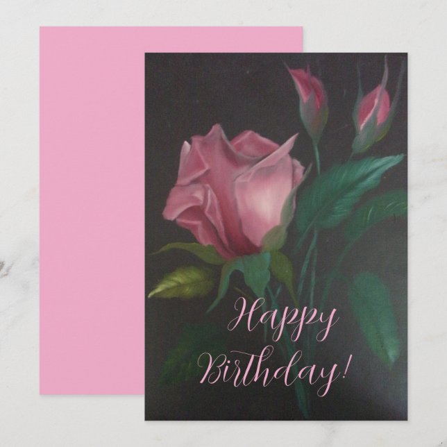 Pink Rose n Rosebuds Flat Greeting Card (Fram/baksida)