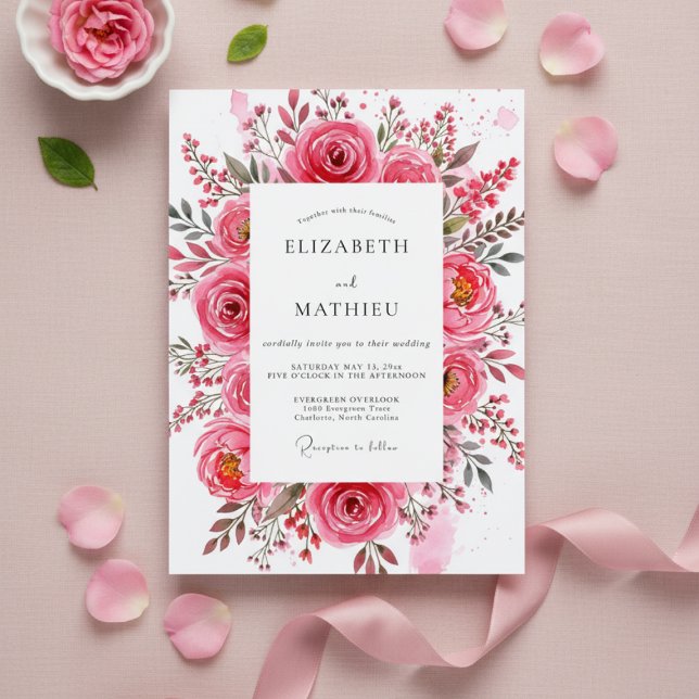 Pink Rose Painterly Romance Wedding Inbjudningar (Skapare uppladdad)