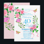 Pink Rose Ribbon 40th  Birthday Invitation Inbjudningar<br><div class="desc">Lovely and elegant rose with butterfly.  You can changes the texts to your choice.
Suitabe for 40th,  50 th,  60th,  70th etc.</div>