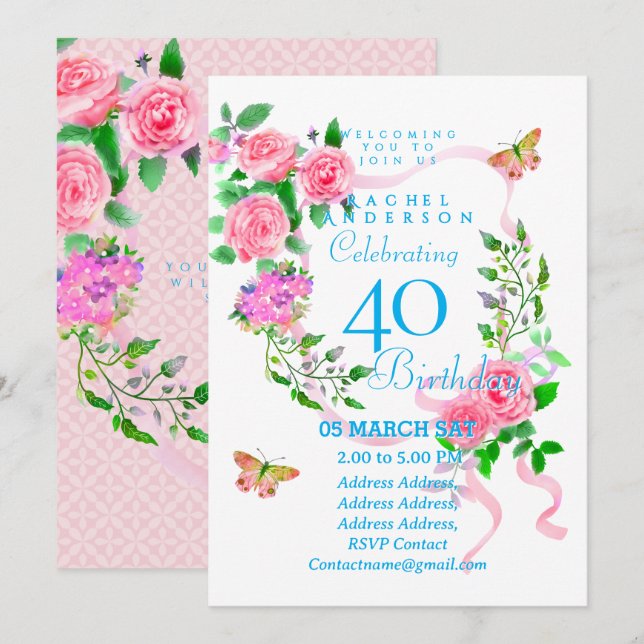 Pink Rose Ribbon 40th  Birthday Invitation Inbjudningar (Fram/baksida)