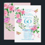 Pink Rose Ribbon 60th  Birthday Invitation Inbjudningar<br><div class="desc">Lovely and elegant rose with butterfly.  You can changes the texts to your choice.
Suitabe for 40th,  50 th,  60th,  70th etc.</div>