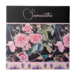 Pink Rose Roses Watercolor Vintage Customizable Kakelplatta<br><div class="desc">Pink Vintage Rose Roses and Black Watercolor Shabby Chic Ladie's Customizable name Kitchen Apron,  with a fully customizable name. Designed from my original garden photo & writing.</div>
